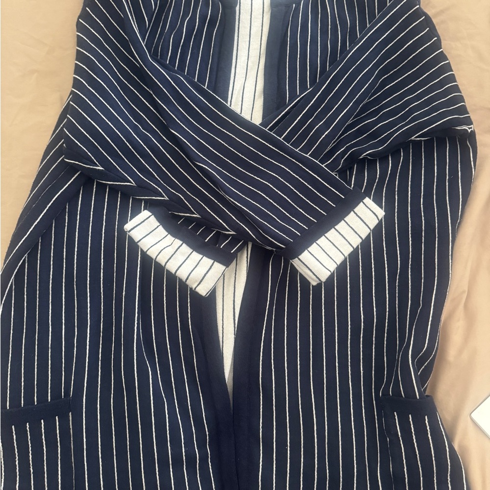 Jennifer Moore Blue and White Pinstriped Cardigan